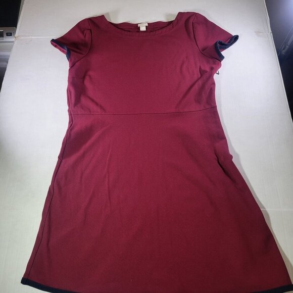 J.Crew Women Maroon Navy Trim  Tipped Ponte A-Line Short Sleeve Dress  Size 14 - Picture 1 of 5
